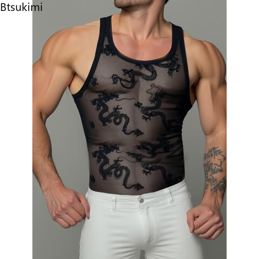 Sexy Lace Tank Tops Men Transp - Street Fashion Outfit For Men ulasan dan harga