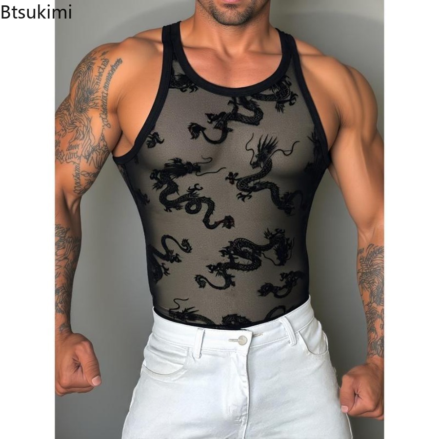 Sexy Lace Tank Tops Men Transp - Street Fashion Outfit For Men ulasan dan harga
